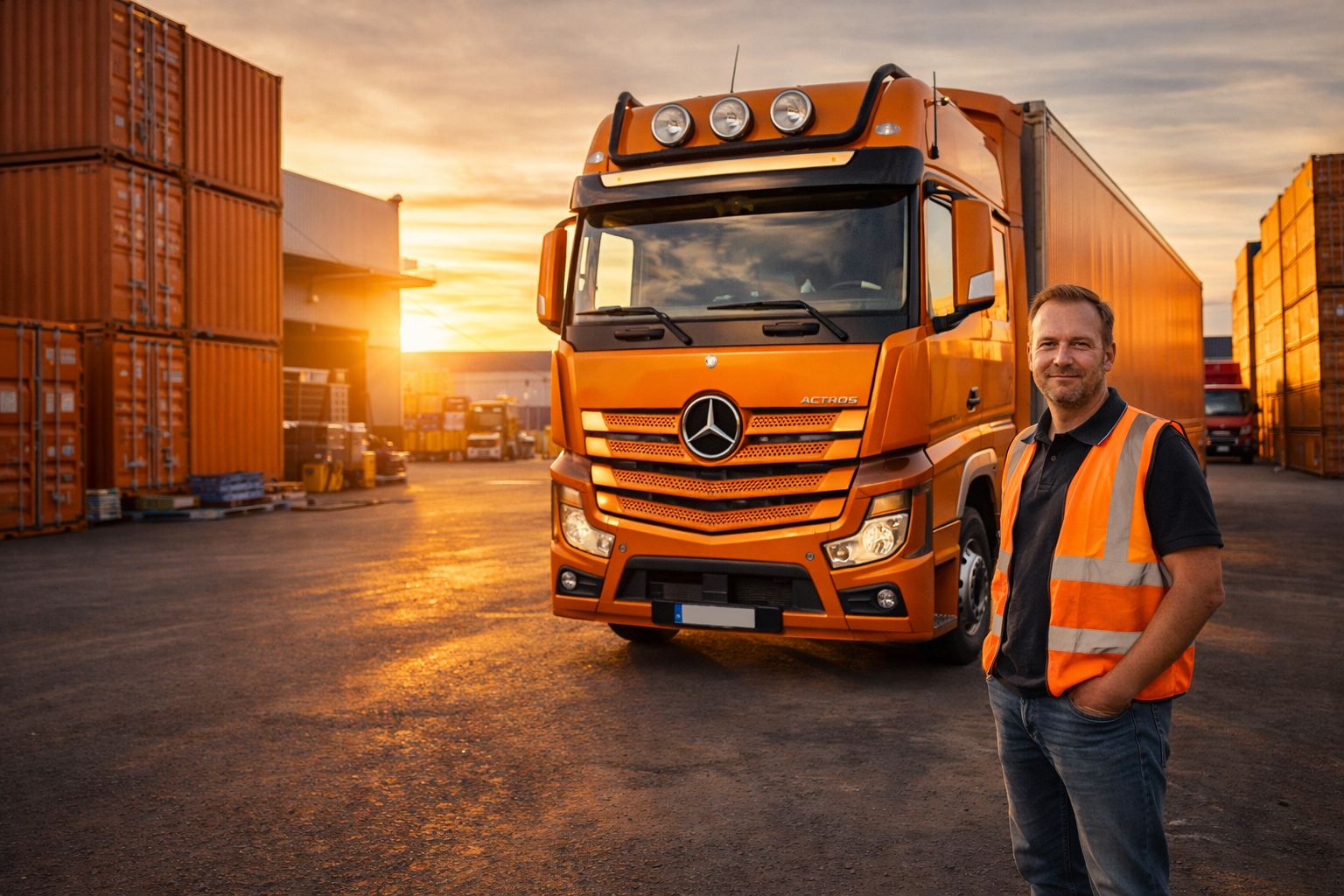 Lkw auf der Straße bei Sonnenuntergang
